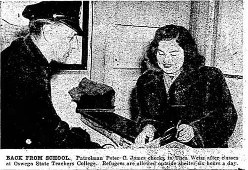 News photo of Officer Peter James and Refugee Edith Weiss 1946